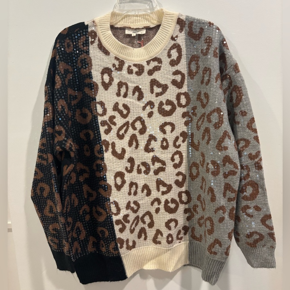 NWT Entro Sequined Leopard Print Color Block Sweater in Neutrals Large